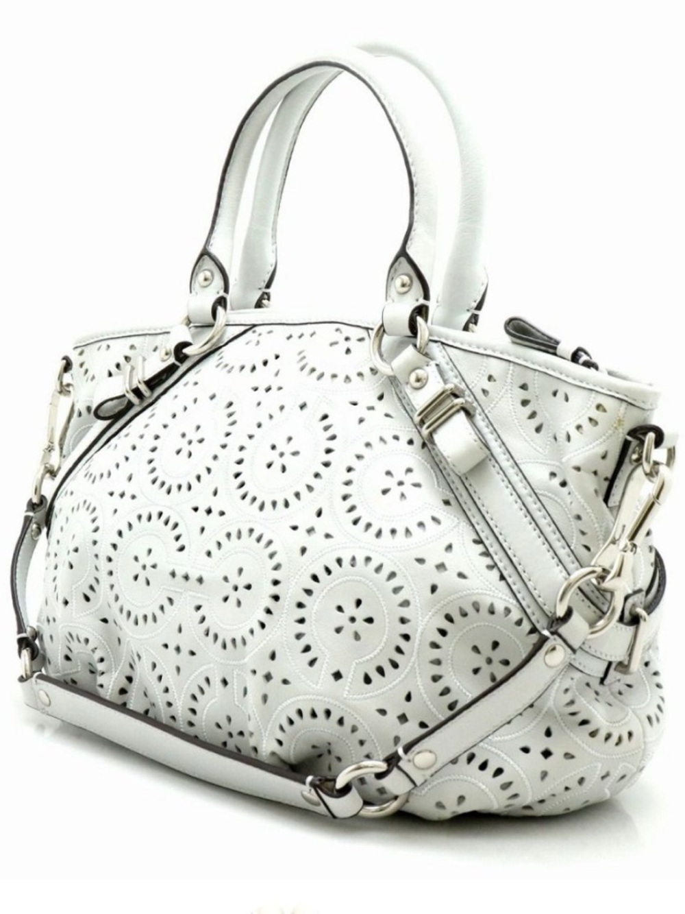 Coach Madison Sophia Op Art Laser Cut Eyelet Lace White Leather Handbag 17003